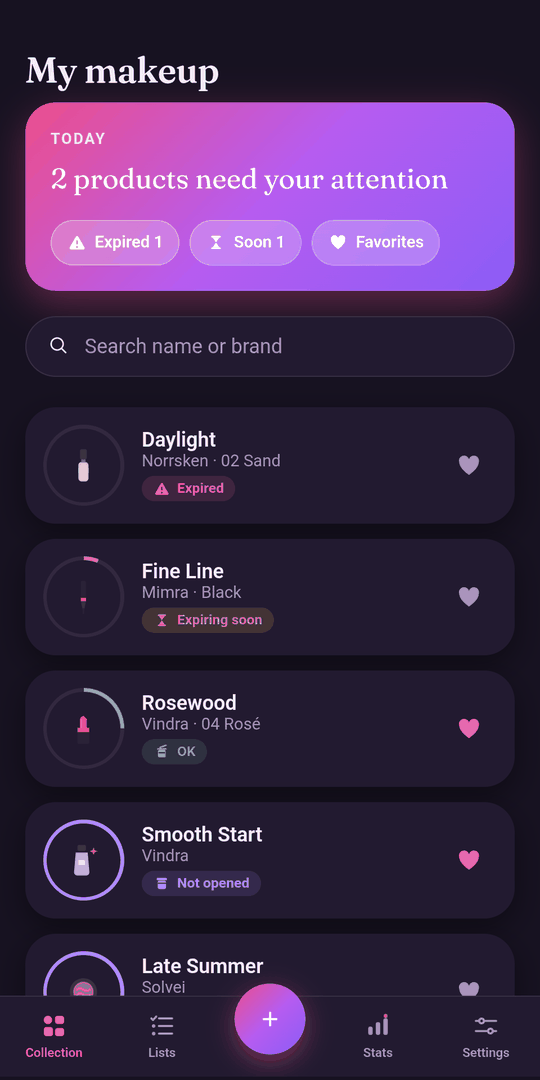 The same collection view in dark mode, on the app's dark background Nattbord.