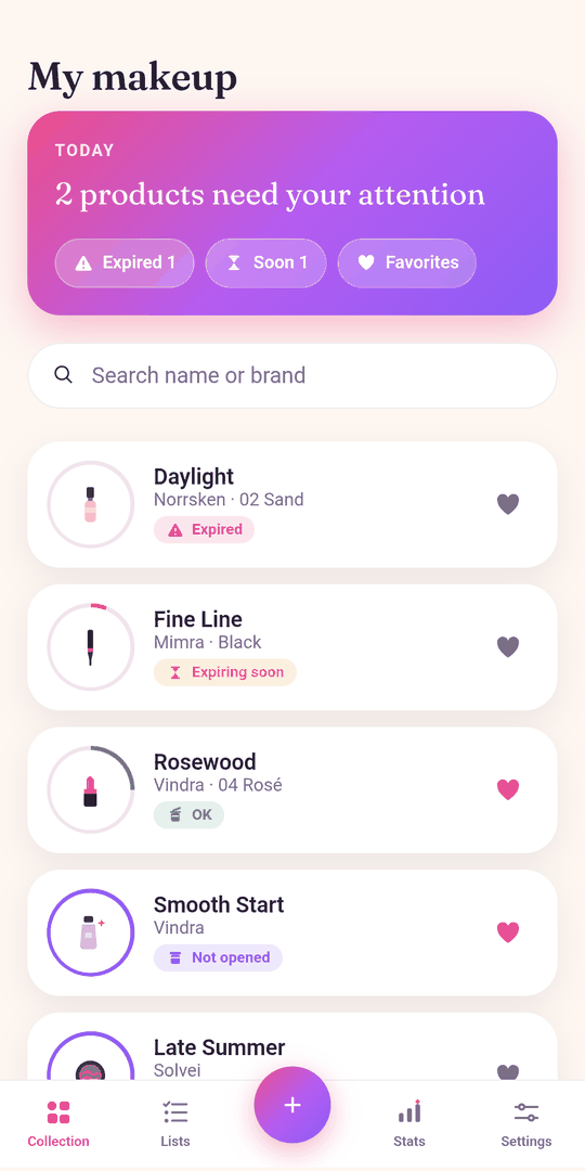 The collection view in Makeup Tracker: a reminder that two products need attention, and below it four products with brand, shade and a ring showing how much shelf life is left.