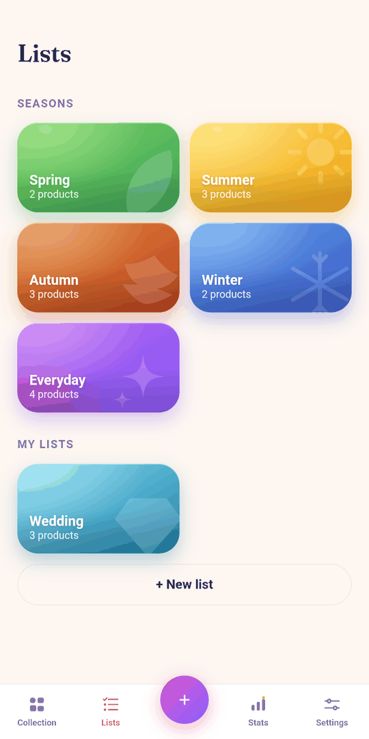 The lists view: the seasons Spring, Summer, Autumn, Winter and Everyday as coloured tiles, and below them the custom list Wedding.