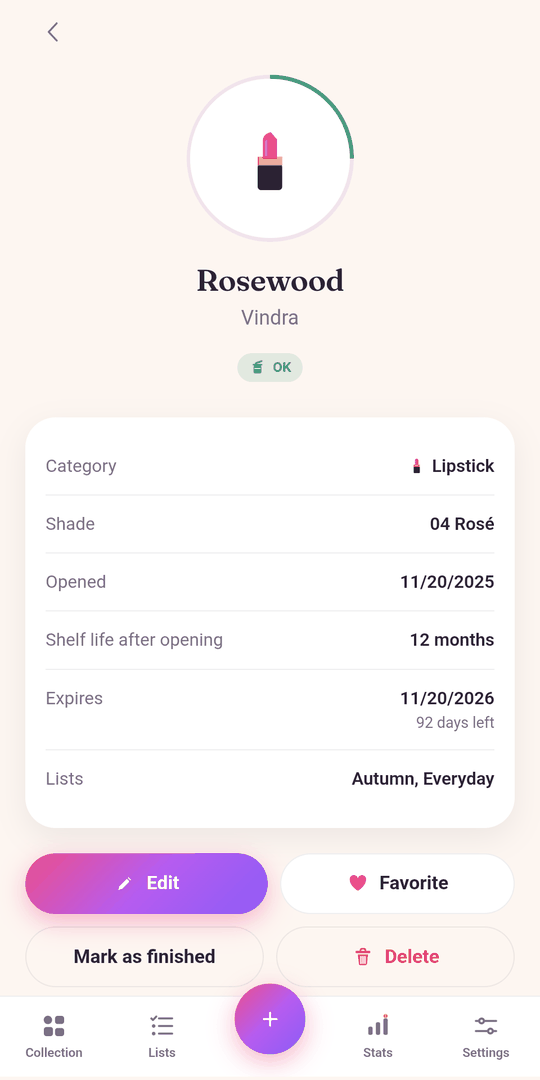 The product page for the lipstick Rosewood by Vindra: opened 11/20/2025, twelve months shelf life after opening, expires 11/20/2026 with 92 days left.