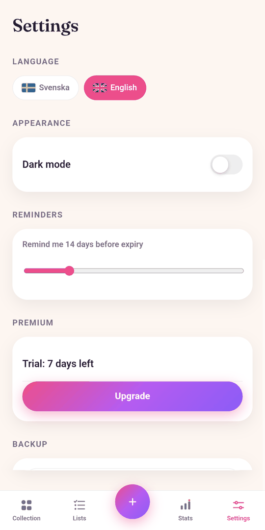 Settings: a choice between Swedish and English, a dark mode switch, a reminder set to 14 days before expiry, and Premium with seven days left of the trial.