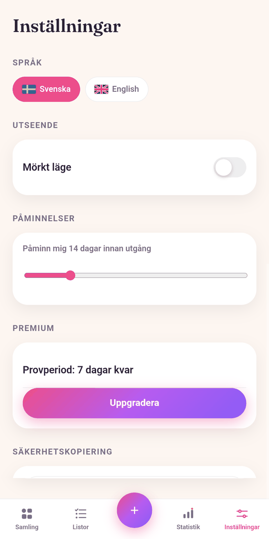 Inställningar: språkval mellan svenska och engelska, reglage för mörkt läge, påminnelse 14 dagar innan utgång och Premium med sju dagar kvar av provperioden.