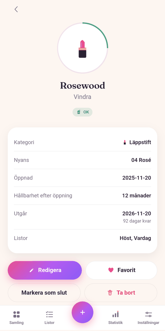 Produktsidan för läppstiftet Rosewood från Vindra: öppnad 2025-11-20, hållbarhet 12 månader efter öppning, utgår 2026-11-20 med 92 dagar kvar.