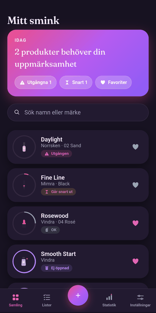 Samma samlingsvy i mörkt läge, mot appens mörka botten Nattbord.