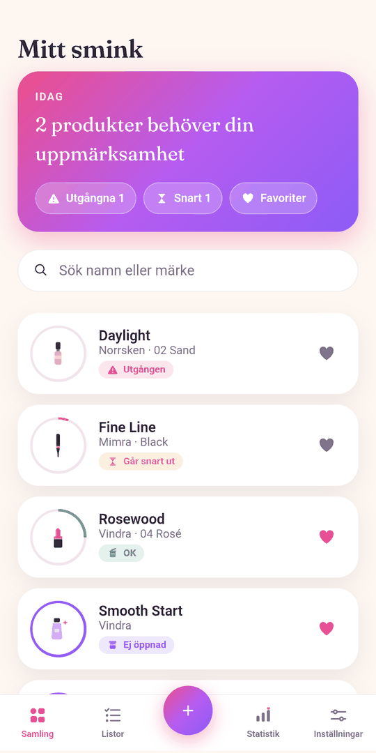 Samlingsvyn i Mitt smink: en påminnelse om att två produkter behöver uppmärksamhet, och under den fyra produkter med märke, nyans och en ring som visar hur mycket av hållbarheten som är kvar.